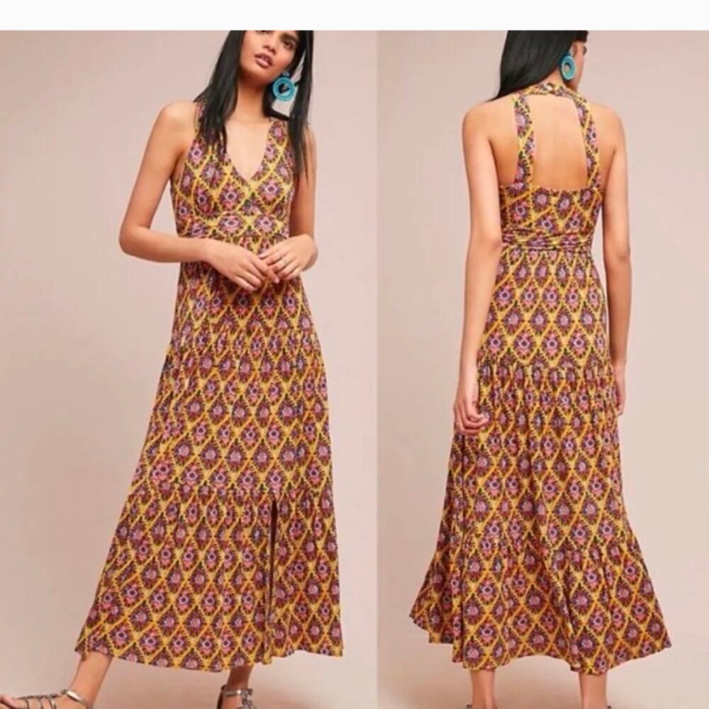 Anthropologie Maeve yellow halter maxi dress v-neck ruffle Luella knit large